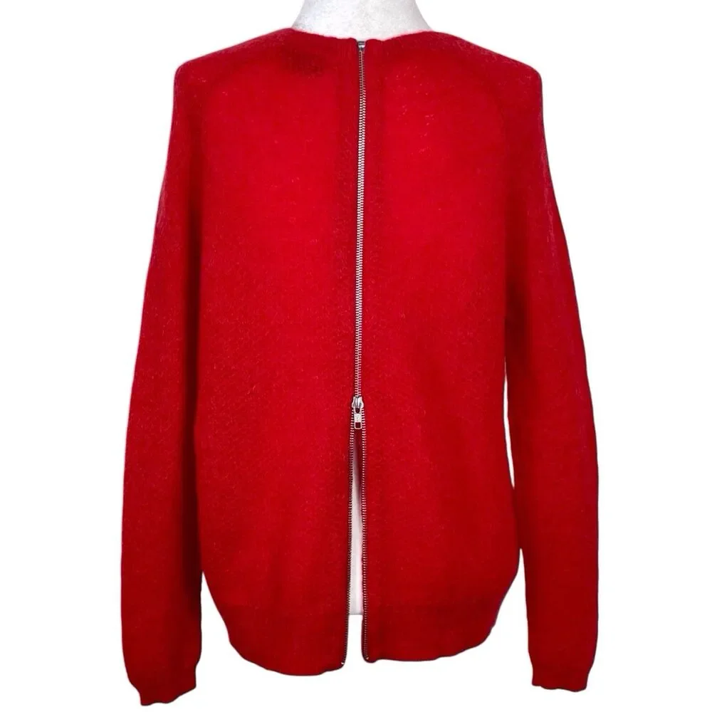 The Kooples Red Mohair Open Knit Back Zip Sweater Size Large Sheer EUC